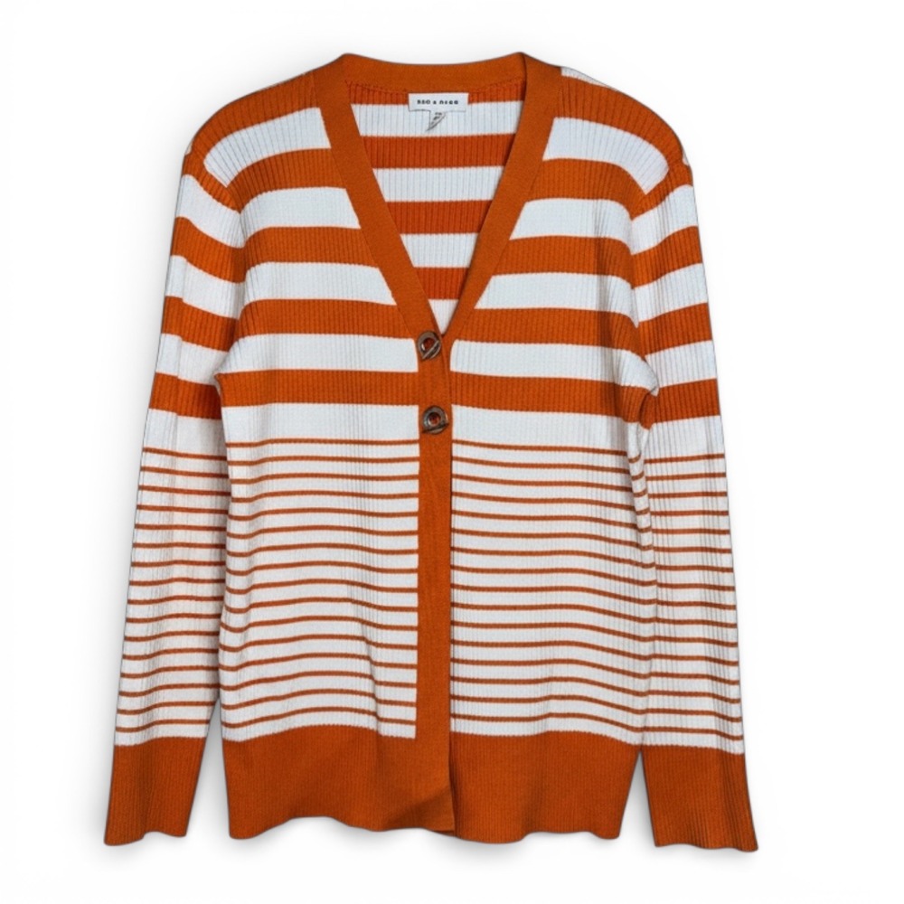 Rio & Rian Orange‎ White Striped Ribbed Knit V-Neck Cardigan Sweater Large